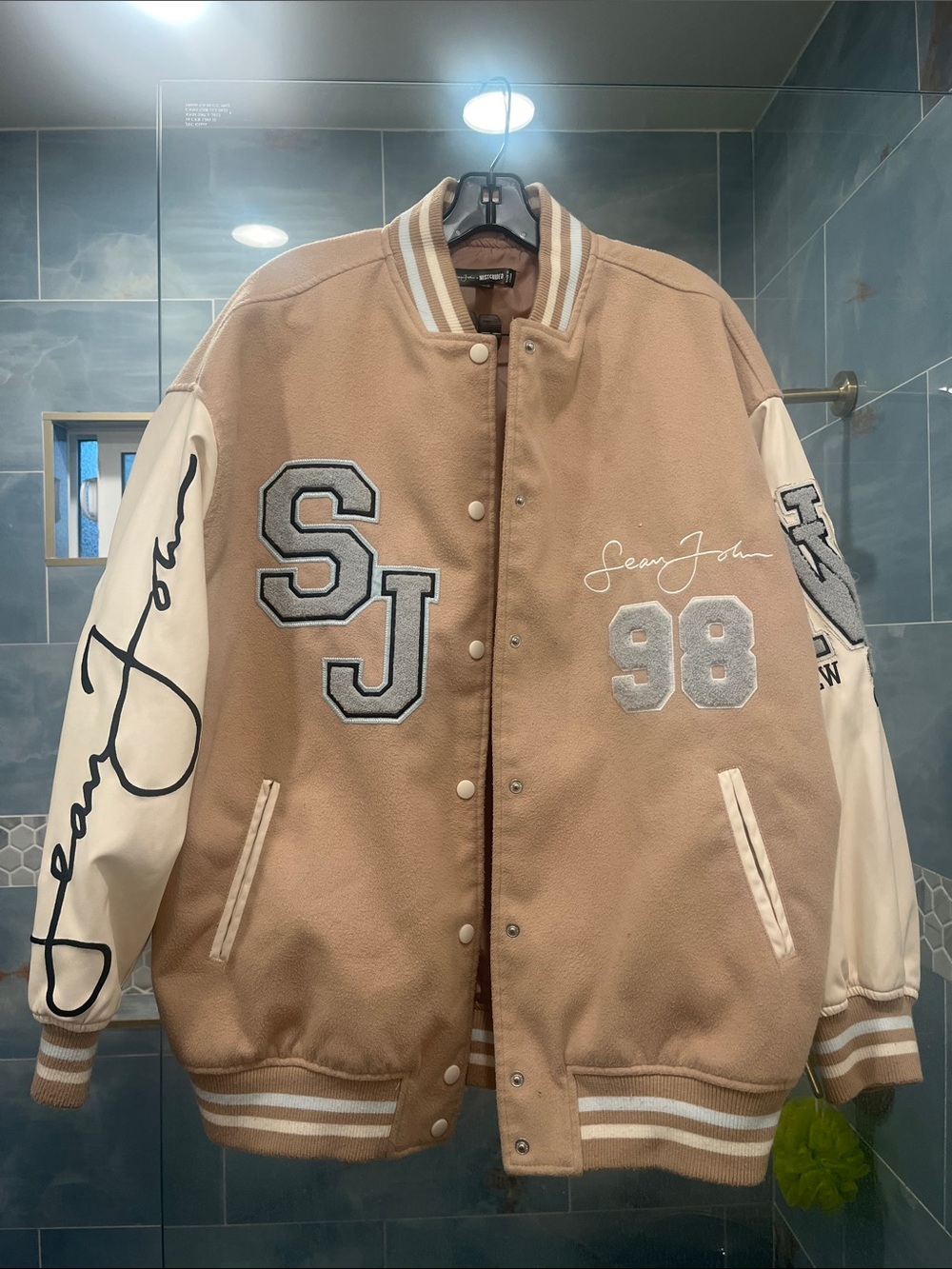 Sean John Tan and Cream Varsity Bomber Jacket with Embroidered Logos Missguided
